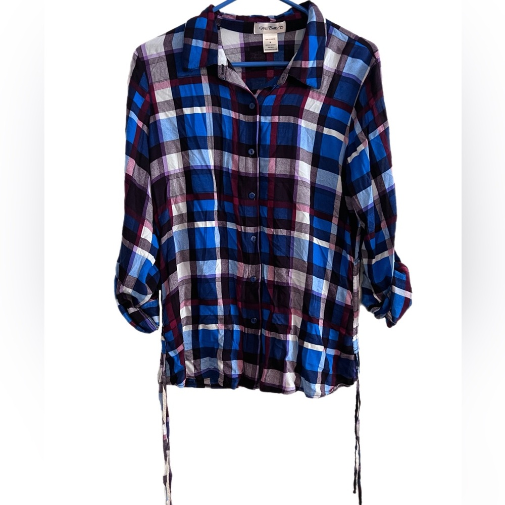 Bella D. Blue and Purple Plaid Button-Down Shirt